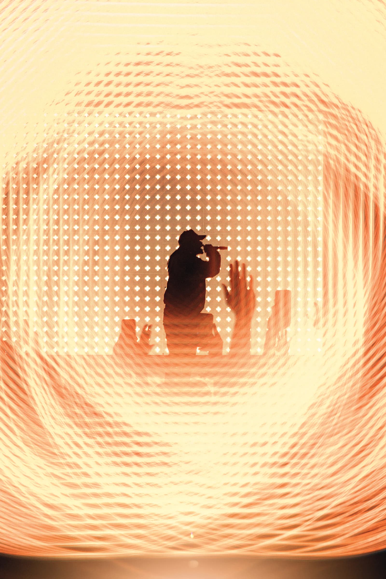 A singer silhouetted against golden concert lights