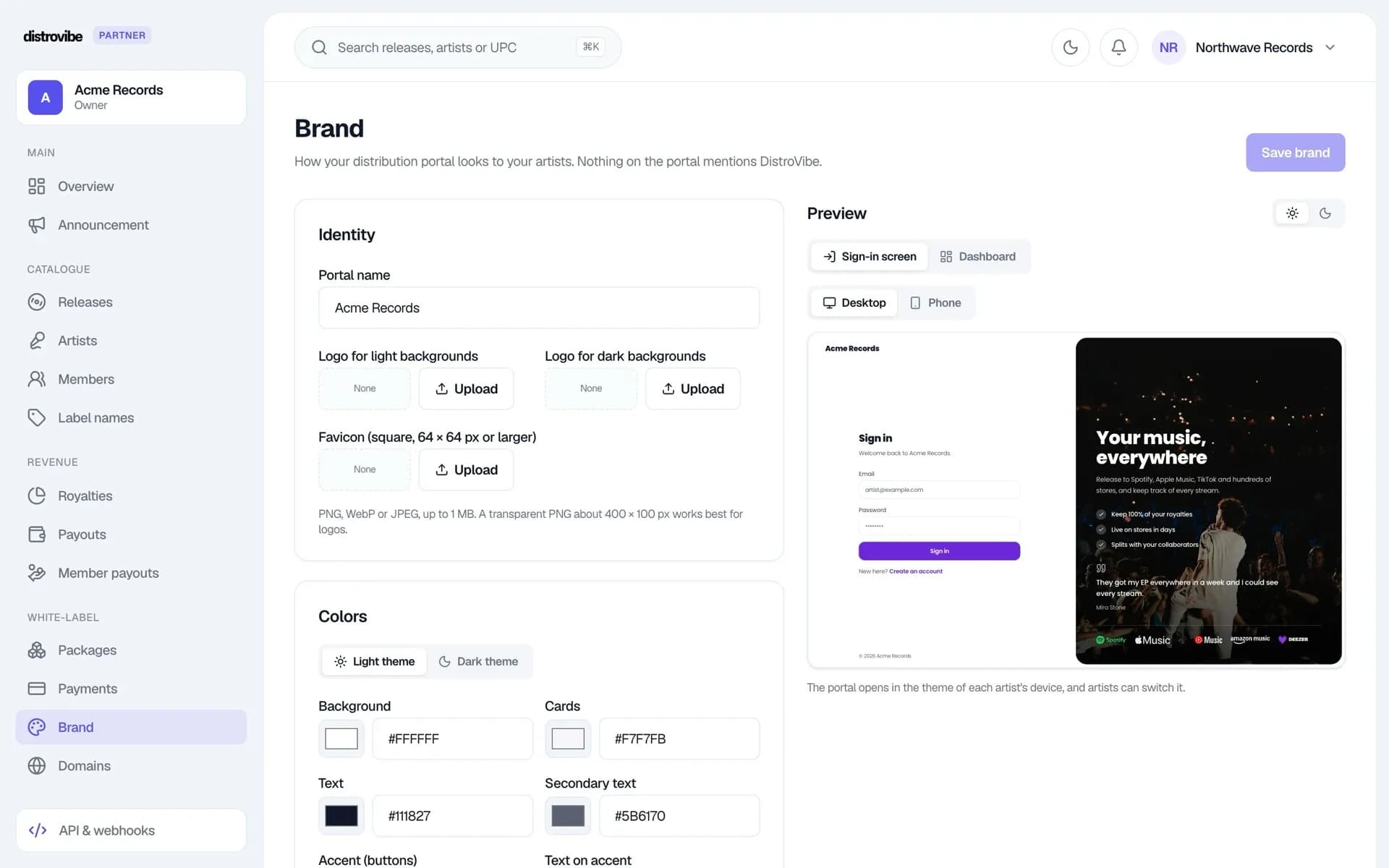 Brand settings in the partner console with a live preview of the portal