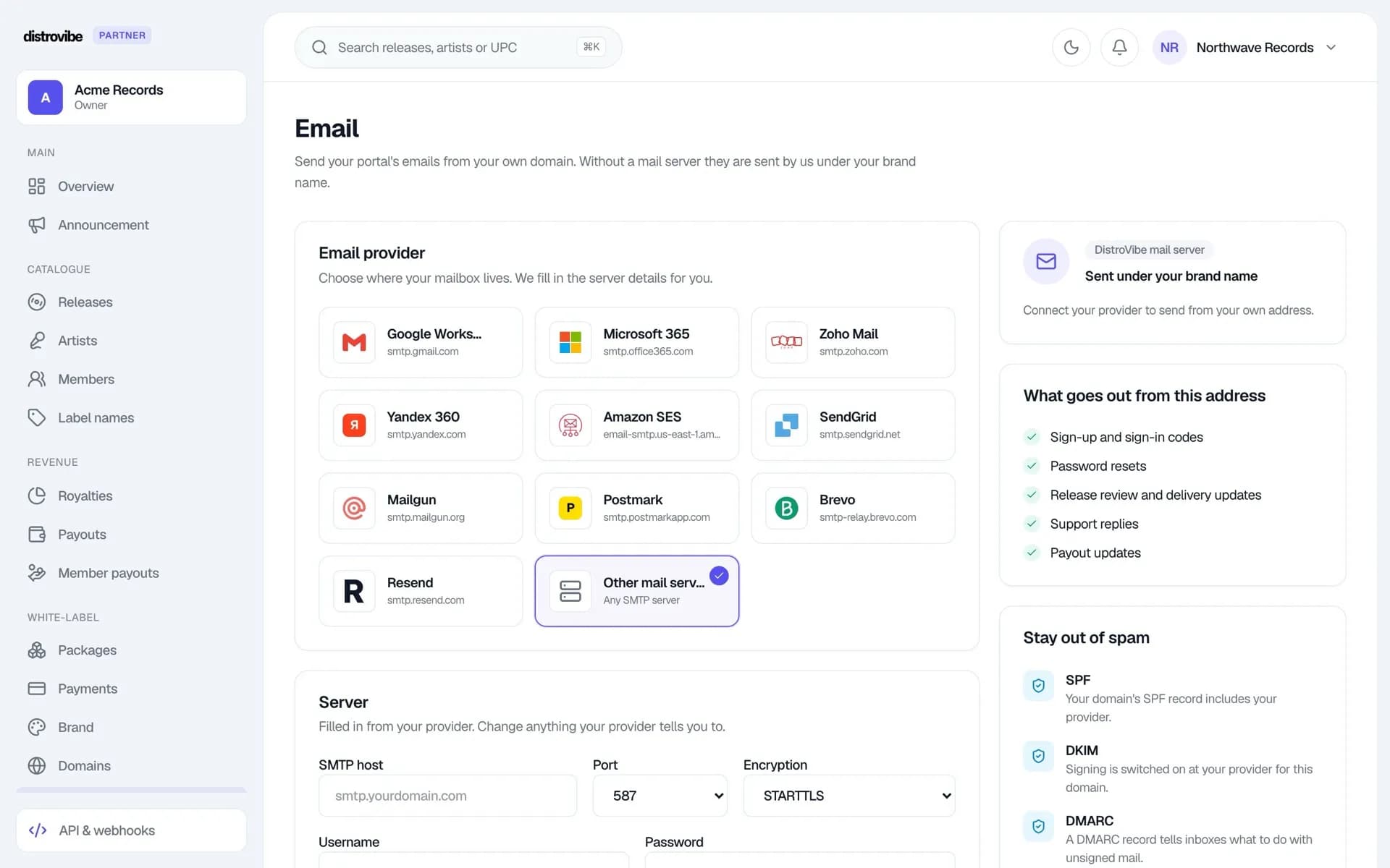 Email settings with ten provider presets and a deliverability checklist