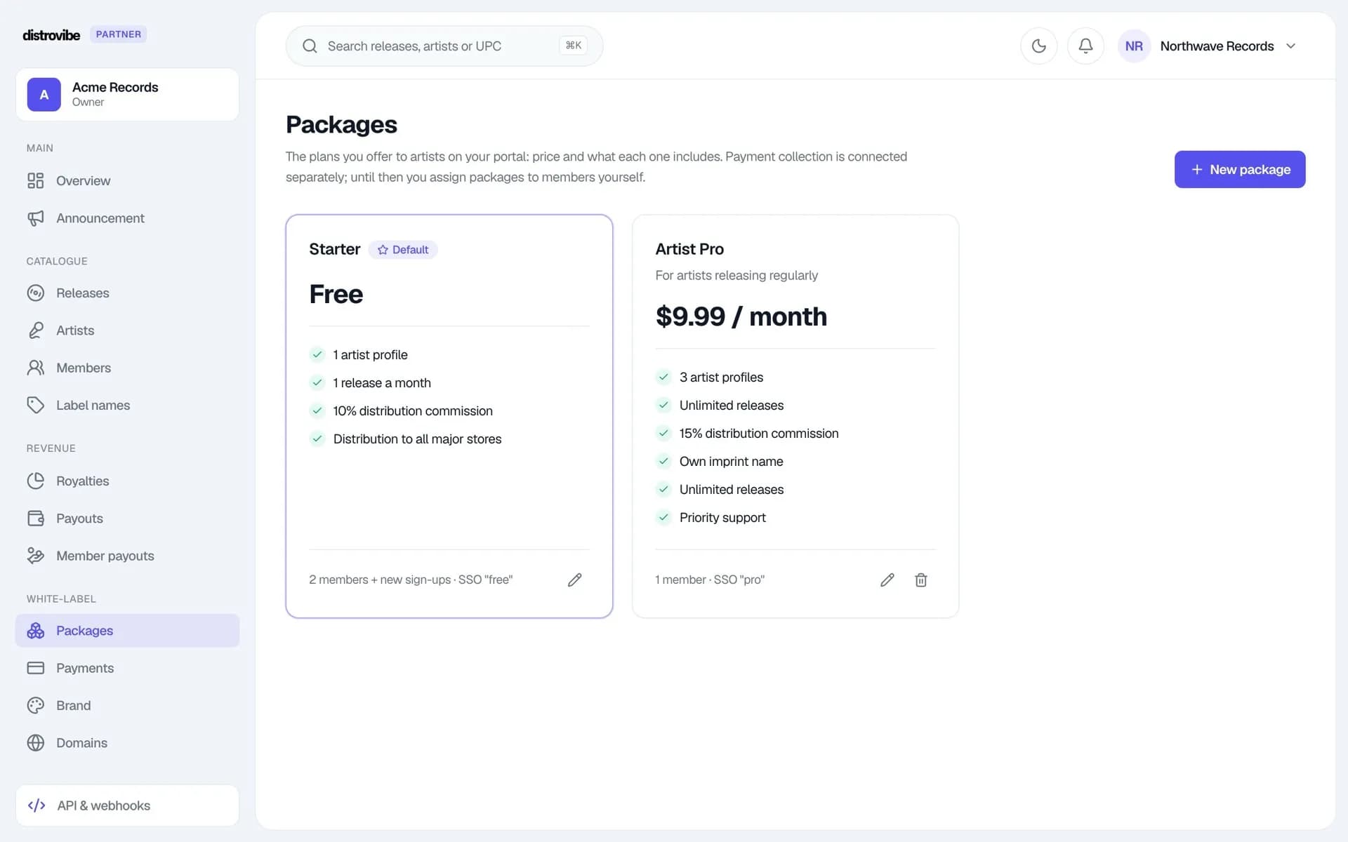 Two packages, a free starter and a monthly artist plan