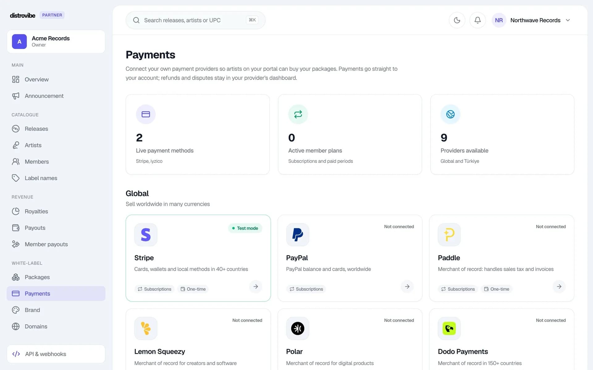 Payments page with global and Türkiye payment providers