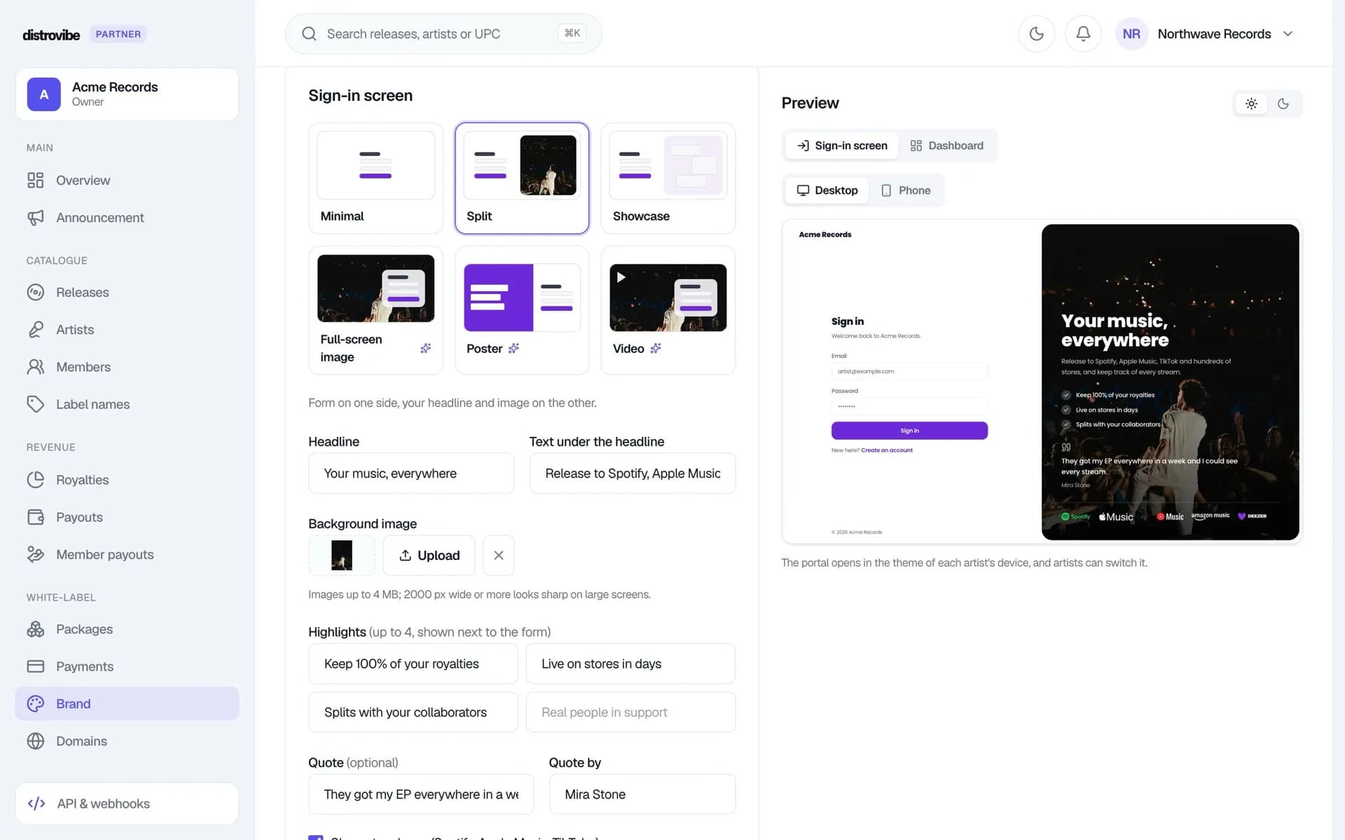 Sign-in screen designer with six layouts and a live preview