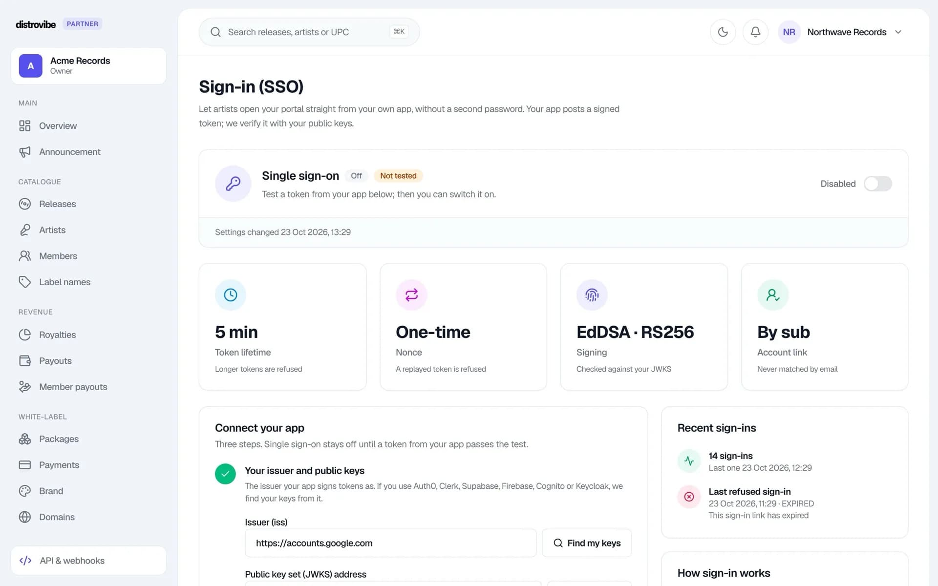 Single sign-on setup with token rules and recent sign-ins